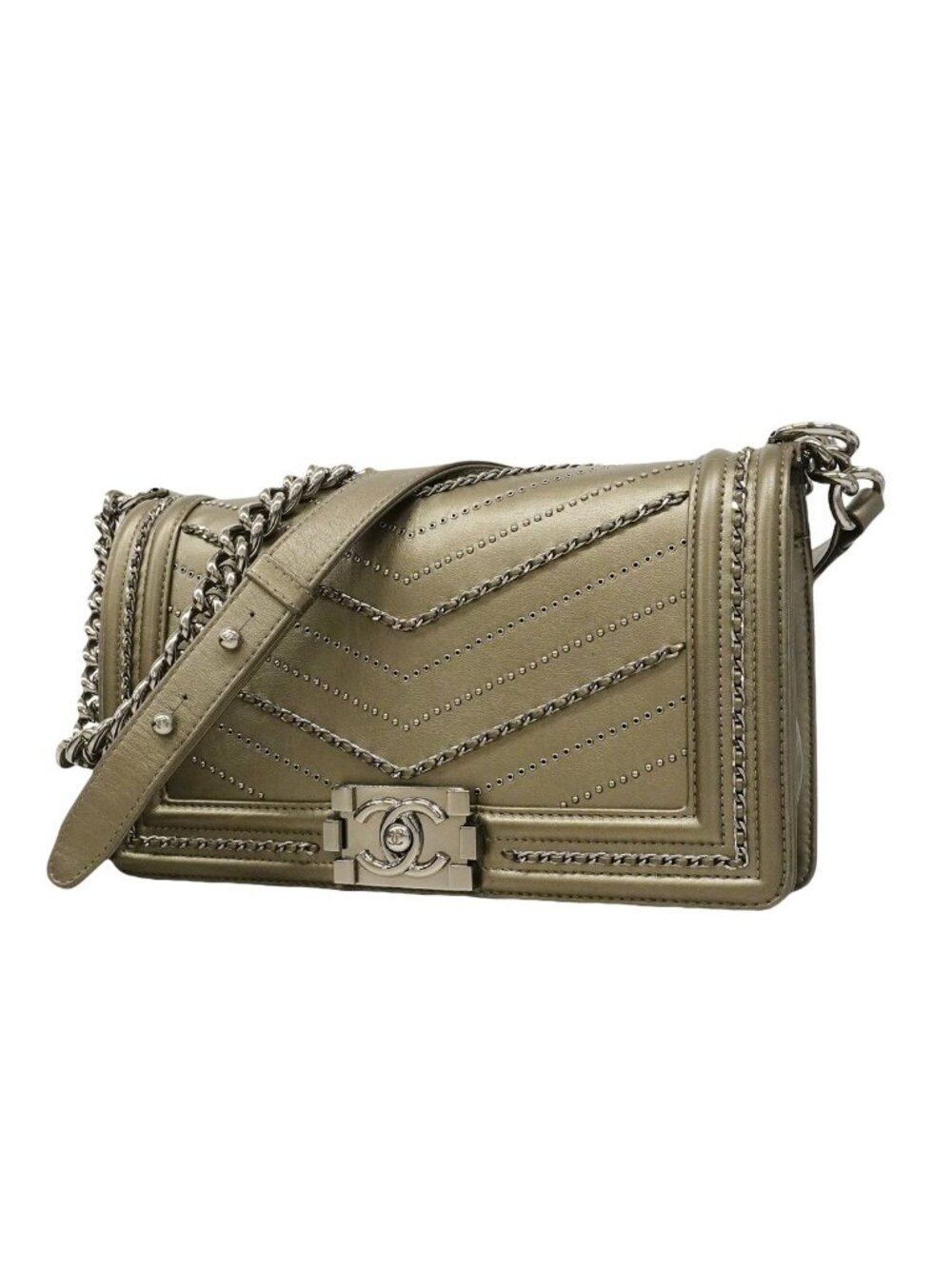 Chanel Shoulder Bag Boy Leather Gray Silver